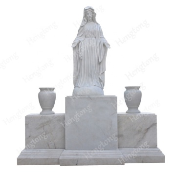 European Hand Carved White Marble Virgin Mary Headstone Cross