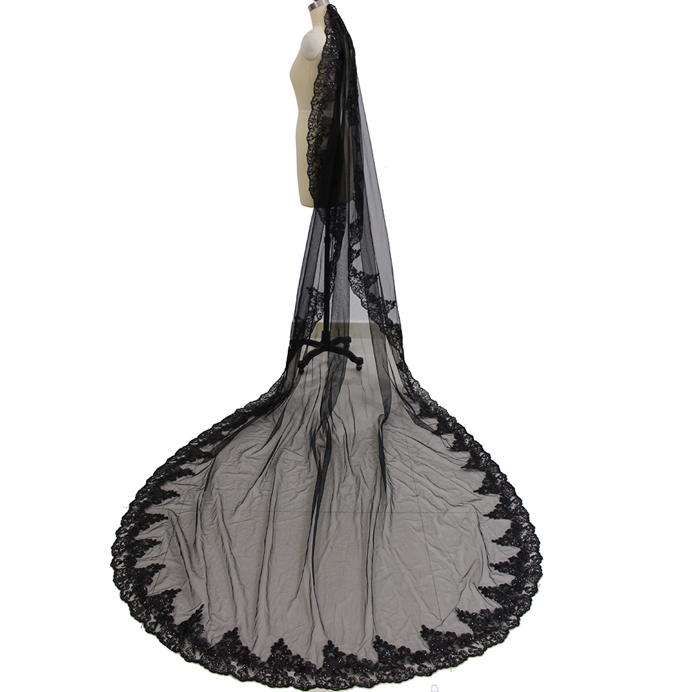 Real Photos Black Lace Wedding Veil One Layer 3 M Cathedral Long Bridal Veil with Comb Wedding Head Accessories