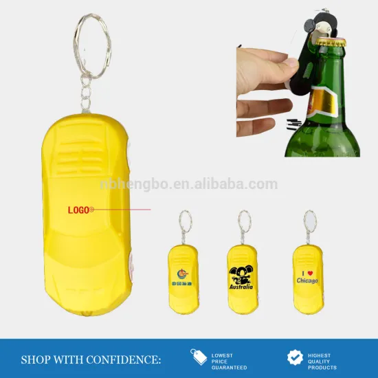 yellow car shaped personalized led keychain with bottle opener
