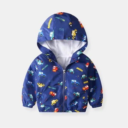Children's clothing fashion cartoon zipper hood children's coats mesh lining long sleeve boys jackets kids