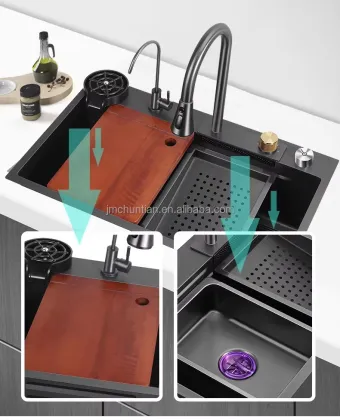 Black Gray Waterfall Smart Kitchen Sink with Faucet Kit