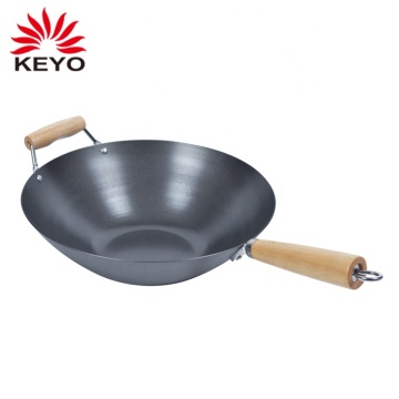 14 Inch Non Stick Carbon Steel Cooking Wok Pan With Wood Handle