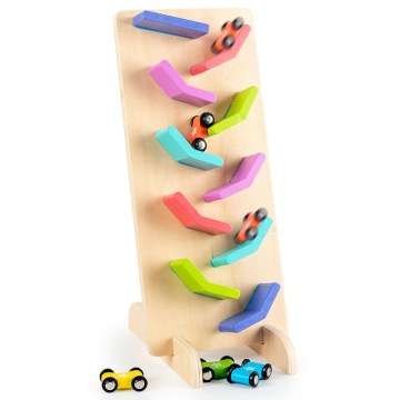 Double-Sided Sliding Racing Ramp with Mini Cars, Wooden Fish, and Rolling Ball Toy - Educational Playset