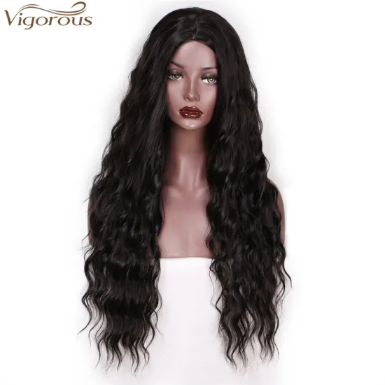 Vigorous Deep Curly Wavy Free Parting Wigs High Temperature Synthetic Hair Wig for Black Women 1B Natural Black Color