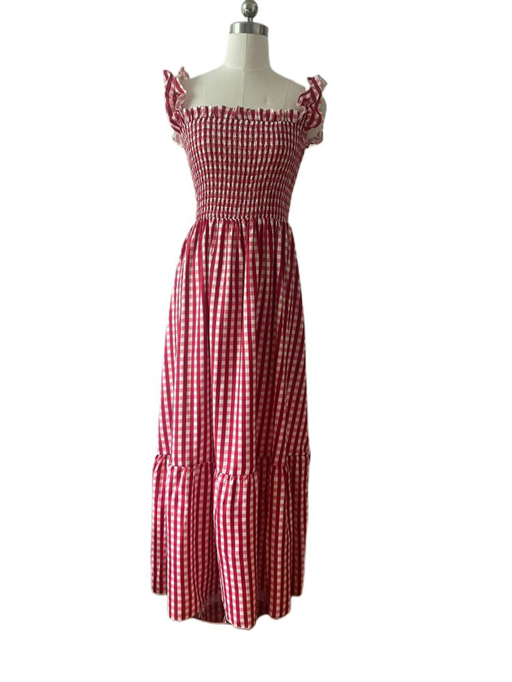 Smocked Ruffled Plaid Ruffle Hem Dress