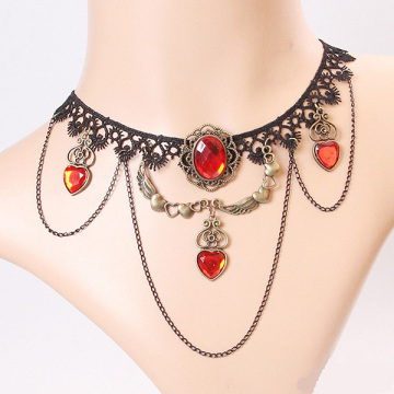 Collar de cordón negro Necklet gemas rojo Retro