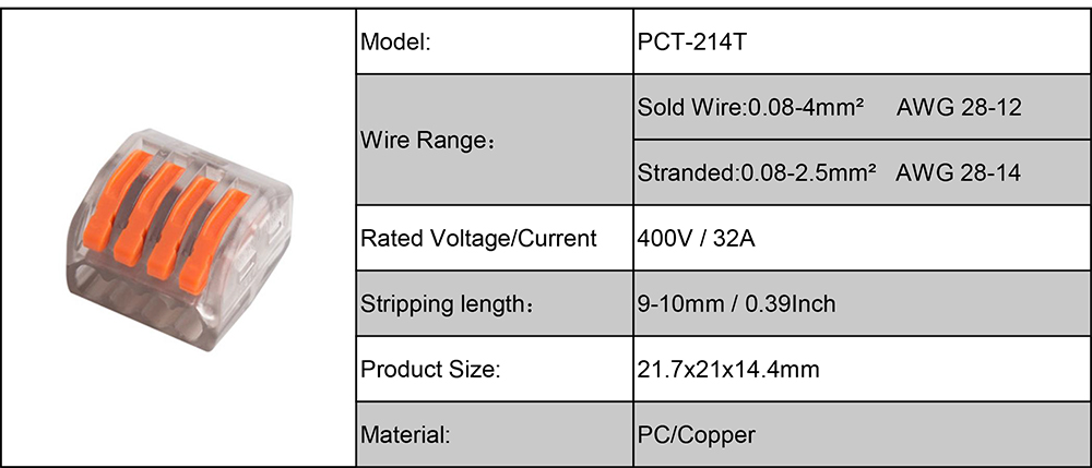 Pct-213 Pct-214 transparent PCT-212 Quick Splice Wire Connector Electrical data