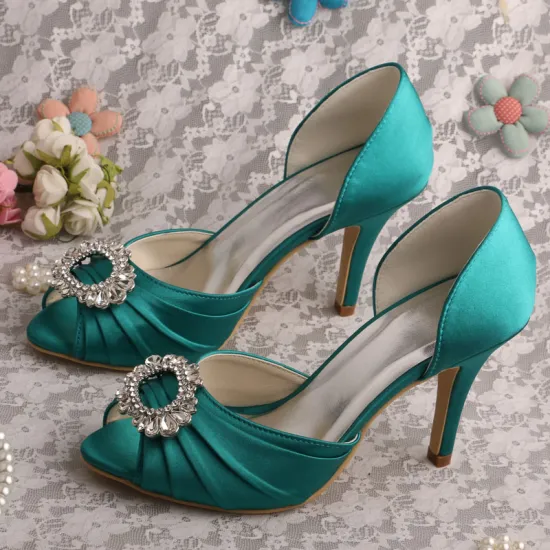 Customized Satin Teal Wedding Shoes Prom Open Toe