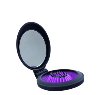 Hot Selling Ladies' Compact Oval Makeup Mirror and Mini Hair Brush Set - Plastic Injection Molded Cosmetics Accessory