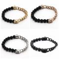 Black Vocalnic Lava Stone Bead Chain Steel Franco Chain Bangle Bangle Bracelet Vintage Skull Charme, hommes