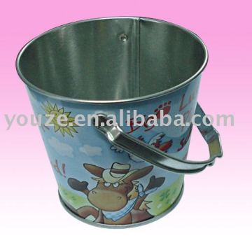 Round painted tin metal bucket with handle