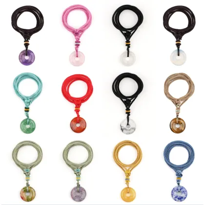 20MM Round Donut Pendant Woven Necklace With Colorful Rope Natural Crystal Circle Donut Pendant Charm Adjustable Choker Necklace