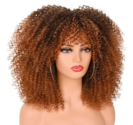 Afro Curl Synthetic Hair Wig Ombre Brown Curly Wig Short Curly Fluffy Synthetic Afro Kinky Hair Wigs for Black Women