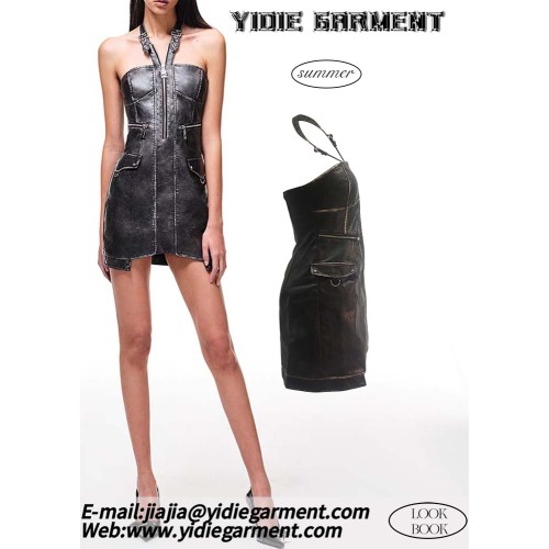 Matte Antique Wallet Halterneck Leather Mini Dress
