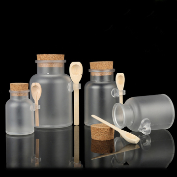Hot Selling Frost ABS Plastic Bath Salt Container Jars with Wooden Spoon & Cork Lid for Cosmetics