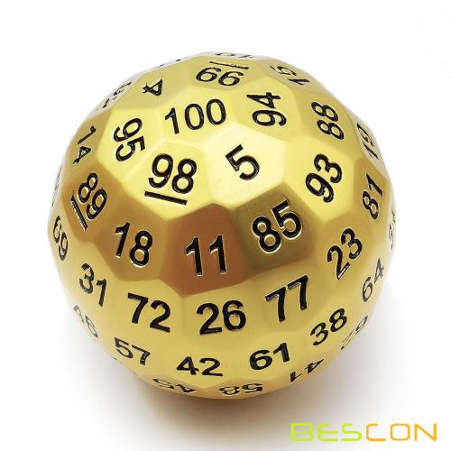 Bescon Solid Metal 100 Sided Dice, Game Dice D100, Giant Polyhedral Metal 100 Sides Dice 50MM in Diameter (1.97in), Matt Golden