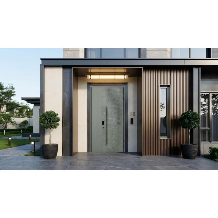 Villa moderna de alta segurança com portas frontais assimétricas