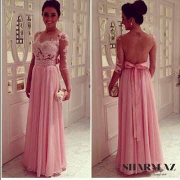 Sexy Sheer Tulle Back Half Sleeves Lace Applique A-Line Floor Length Pink Chiffon Prom Dresses Sexy Evening Party Gown
