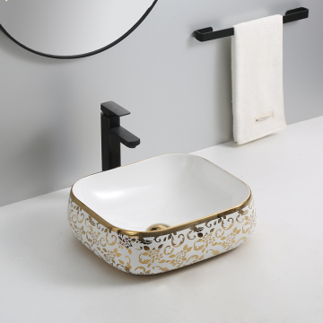 High Quality Ceramic Art Basin Supplier: Stand-Alone Golden Pattern Color Wash Basin