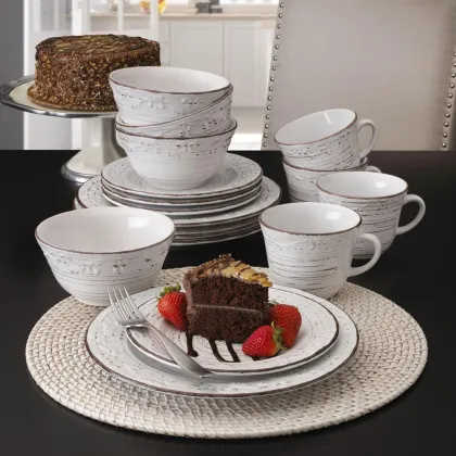 Pfaltzgraff Trellis White 16-Piece Dinnerware Set, Service for 4, Distressed White