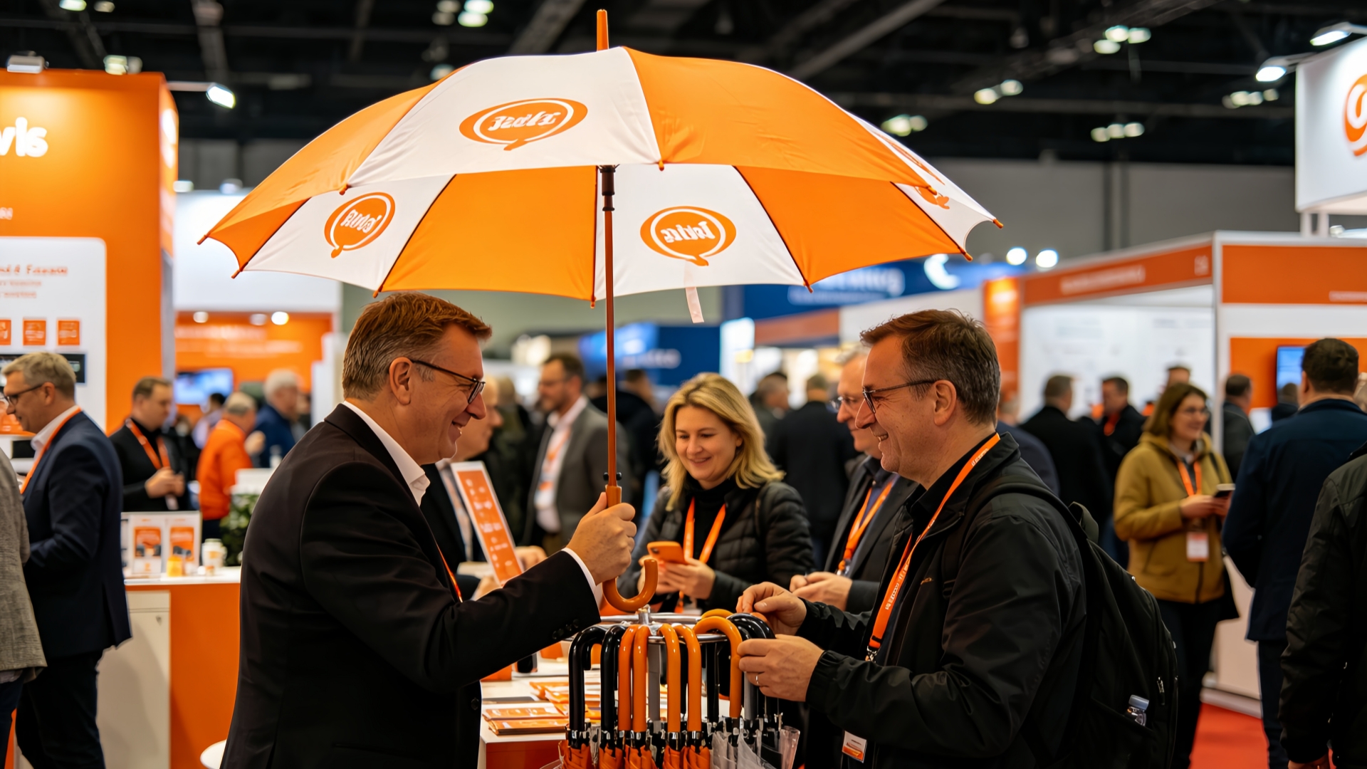 Custom-advertising-umbrellas-at-trade-show-booth