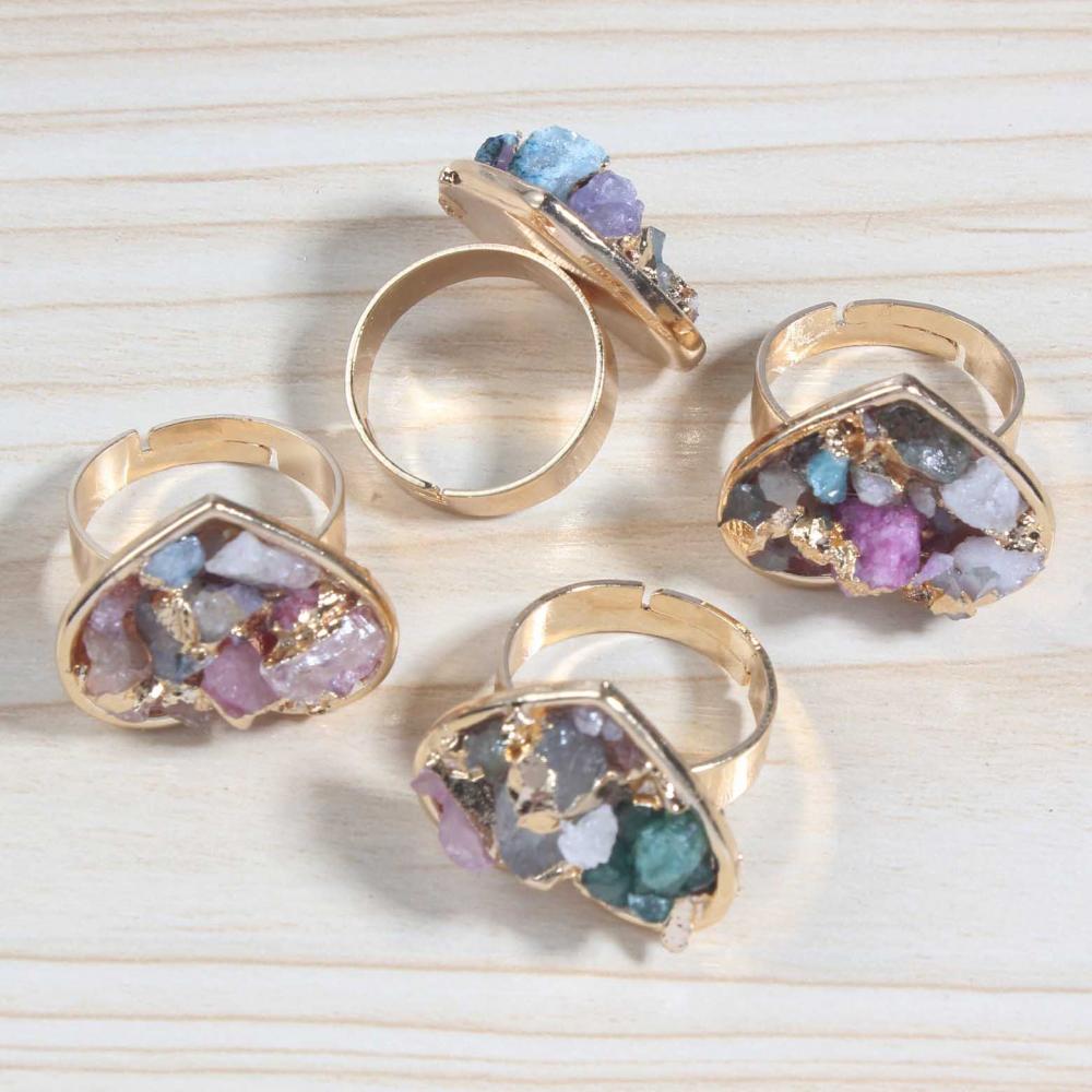 Anneaux en cristal Drusy avec coeur naturel couleur or 18k