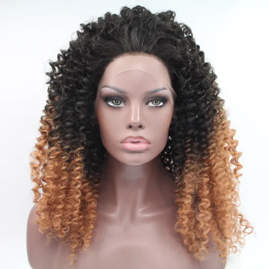 Good Quality Cheap Price Natural Swiss Lace Ombre Black Brown Long Fiber Afro Kinky Curly Synthetic Hair Wigs