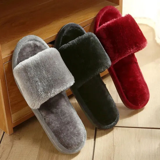 Winter Women House Slippers Faux Fur Fashion Warm Shoes Woman Slip On Flats Female Slides Black Pink Cozy Home Furry Slippers