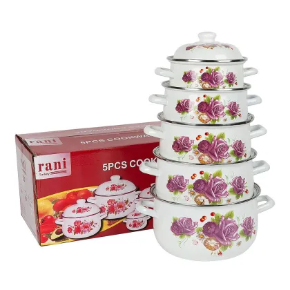 Purple Eternal Rose Cast-Iron Enamel Casserole Table Cookware Pot Set