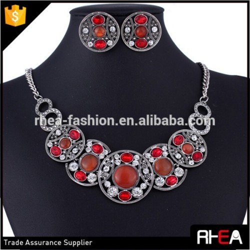 Fashion Boho Style Red Stone Necklace and Earring,Hoop Alloy Charms Jewelry Set