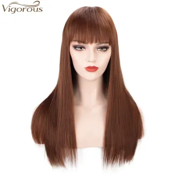 Vigorous Good Quality  High Temperature Long Straight Synthetic Hair Wigs for Women Brown Wigs With Bangs Wholesale