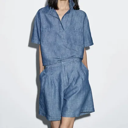 Women's pocket details cotton and linen shorts