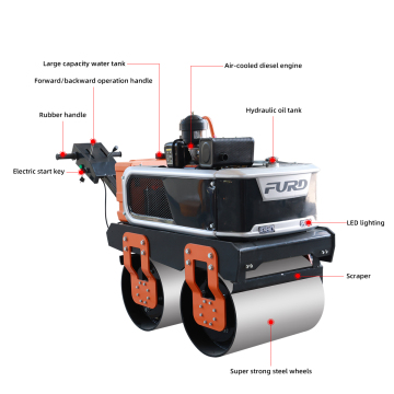 Double Drum Getaran Mini Road Roller CE 550KG Mesin Diesel atau Bensin Pemadat Efisiensi Tinggi Merek FURD