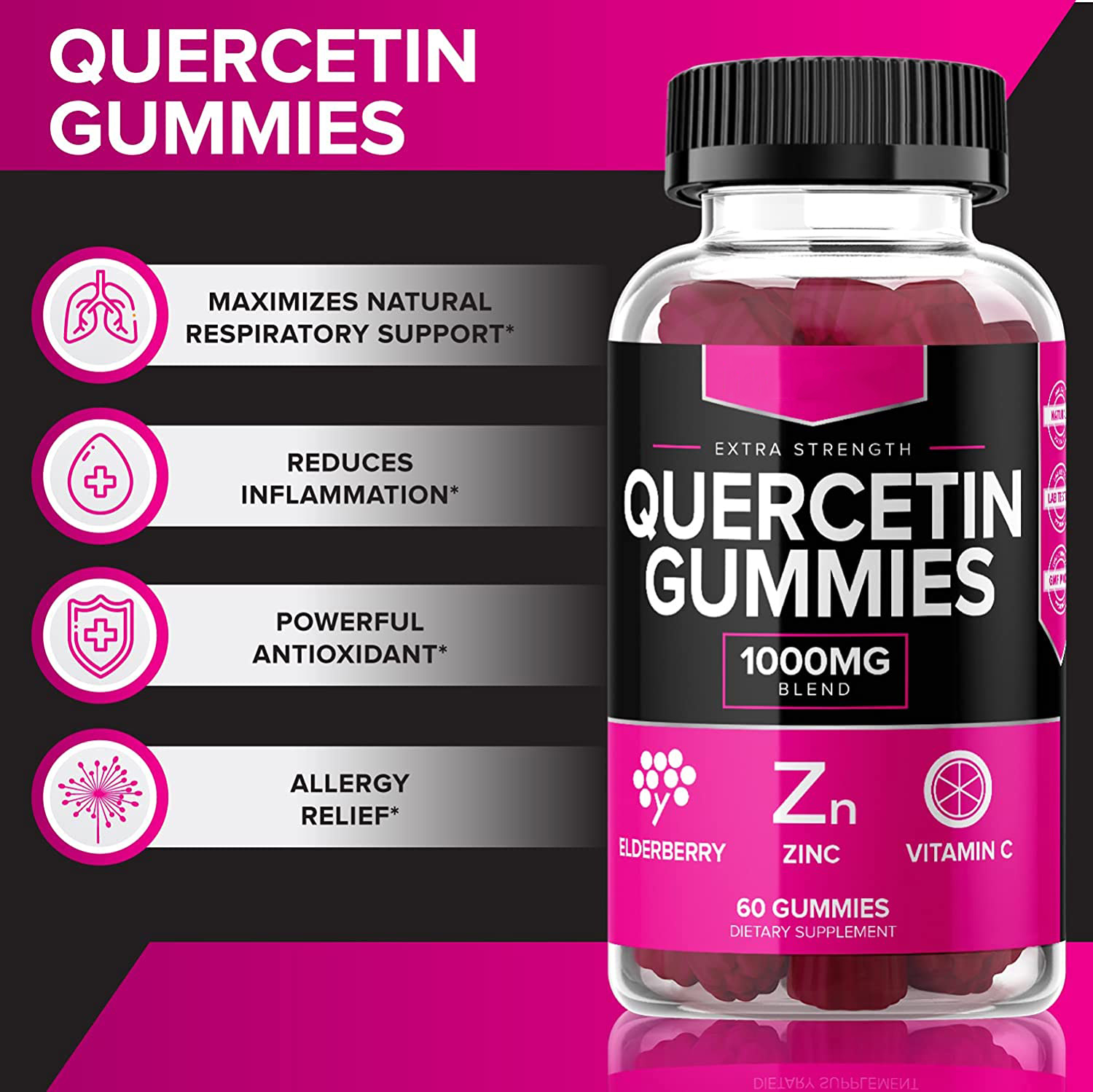 OEM/ODM bağışıklık desteği bromelain C vitamini ve çinko quercetin sakızları vegan mürver ve vitamini d3 quercetin sakızları