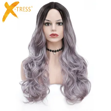 X-TRESS  24 Inch Long Body Wave Ombre Purple Synthetic Hair Wigs For Women High Temperature Wigs With Baby Hair  Wavy Hair Wigs
