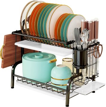 Black 2-Tier Drying Rack for Kitchen Plates and Dishes