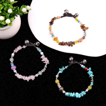 Natural Picasso Stone Chip Stone Beads Handmade Woven Silver Bell Bracelets for Women Girls