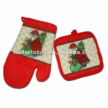 100% cotton twill glove and square mat kitchen Santa Claus set