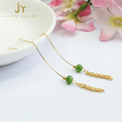 Phoenix Tail Precious Stone Jade & Sterling Silver Jasper Earrings: A Blend of Hetian Jade and Jasper Stones in Drop Earring Design