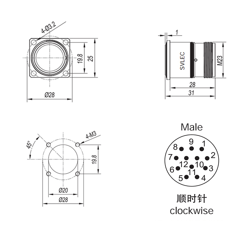 M23 male connector