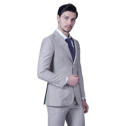 Bespoke Slim Fit Blend Wedding Beige Striped Suit
