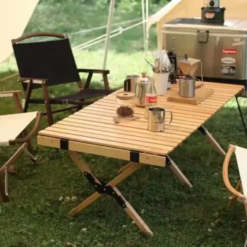 Vintage Wood Folding Camping Table and Chair Set for Outdoor Garden Parties