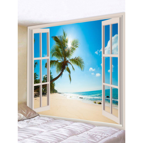 Tapestry Wall Tapestry Wall Hanging Windows Beach Sea Ocean Series Tapestry Tropical Style Sunrise Coconut Tree Tapestry for Bed