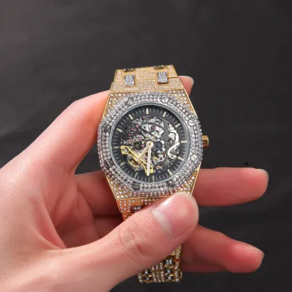 Hip Hop Luxury Diamond Hollow Out Gold Plated Mechanical Watch