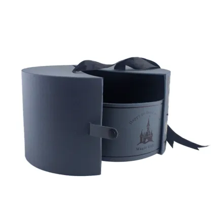Luxury Navy Blue Cardboard Round Box with Ribbon