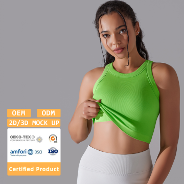 Seamless Ribbed Round High Neck Workout Tank Top
