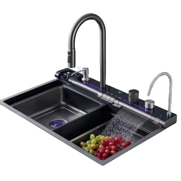 Modern Stainless Steel Smart Kitchen Sink with Waterfall Faucet and Anti-Scratch Basin
