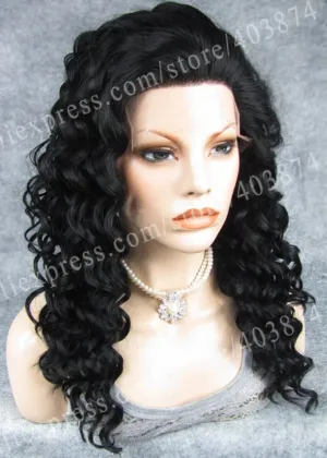 Charming Long Kinky Curly WIg Jet Black Wig Synthetic Lace Front Curly Wig