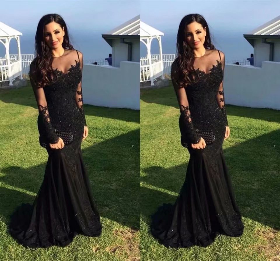 Long Sleeve Black Mermaid Prom Dresses