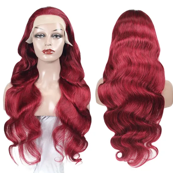 Factory wholesale 30 Inch Long 99j body waves wig lac frontal Human Hair 99j frontal wig 10a 99j human hair transparent wig